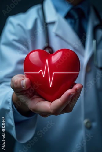 Close-up of cardiologist's hand holding red heart with ECG line, cardiologist, isolated, cardiology concept