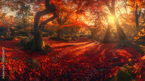 A serene autumn landscape with vibrant red leaves and soft sunlight filtering through trees.