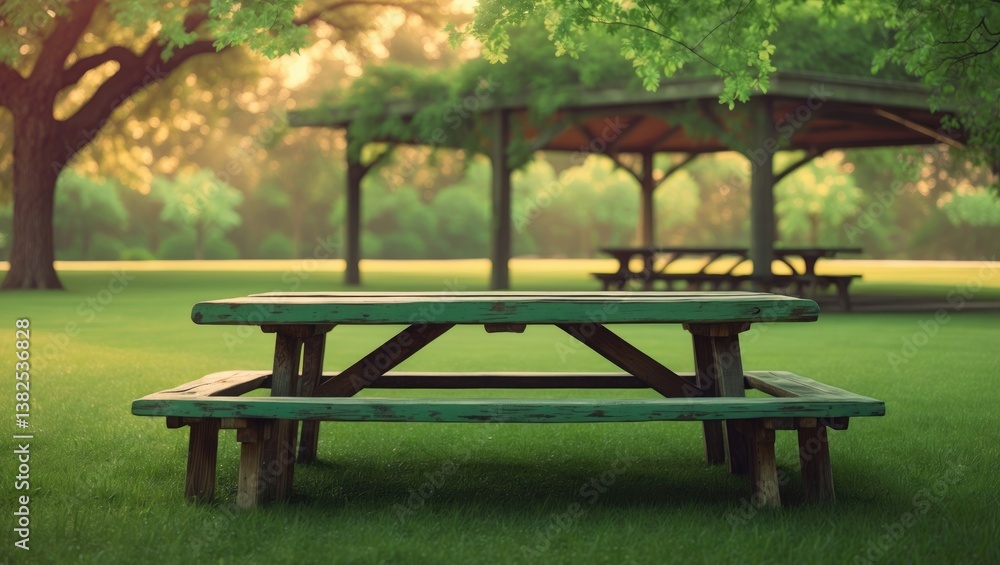 Fototapeta premium Park picnic table bench rest relax outdoors. Tables and benches on green grass in leisure area.