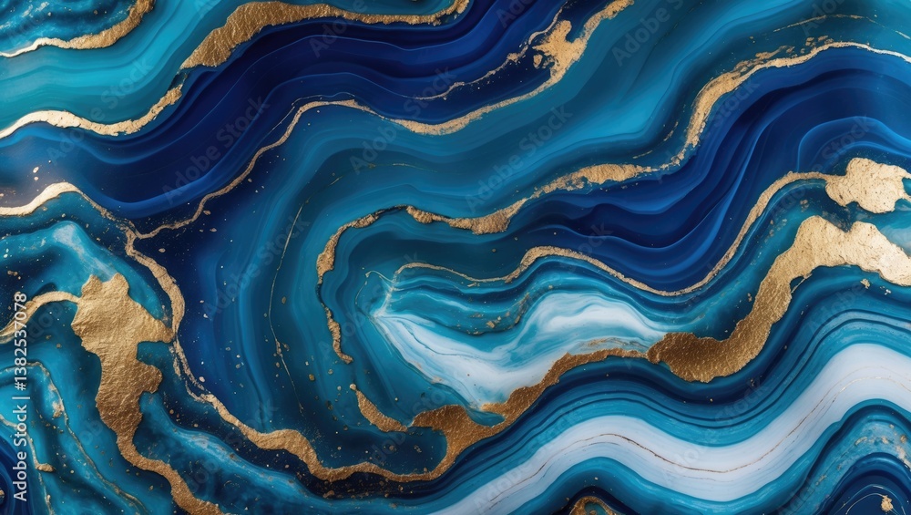 Fototapeta premium Photo of ocean blue agate marble pattern featuring golden veins in close-up. Background texture for backdrops or mapping.
