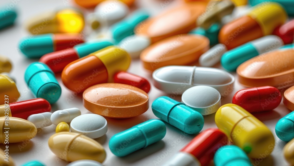 Pills of various colors, captured with a selective focus.
