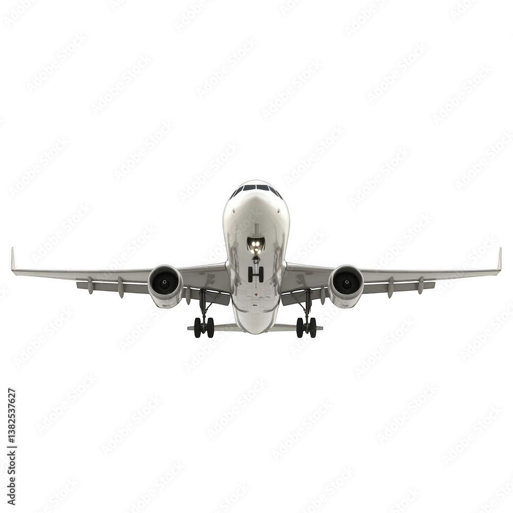 A front view of an airplane against a black background with its landing gear deployed and engines visible A front view of an airplane against a black background with its landing gear deployed and engines visible