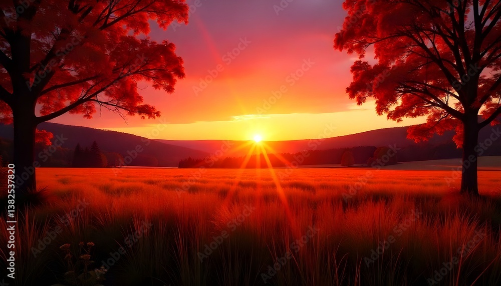 Fototapeta premium landscape photograph captures a field at sunset, framed by trees on either side