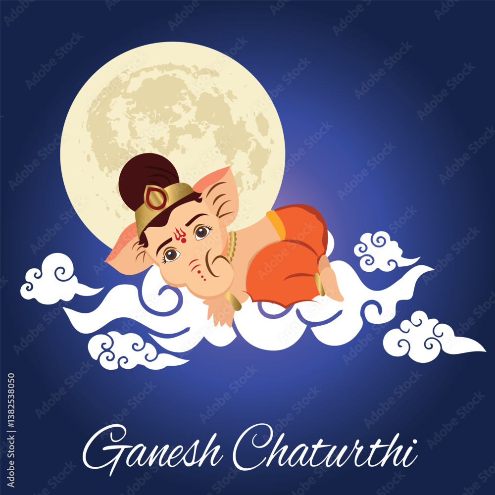 Fototapeta premium A cute cartoon depiction of Lord Ganesha lying on clouds with a full moon in the background. The design is themed for the Hindu festival Ganesh Chaturthi, celebrating the birth of Lord Ganesha.