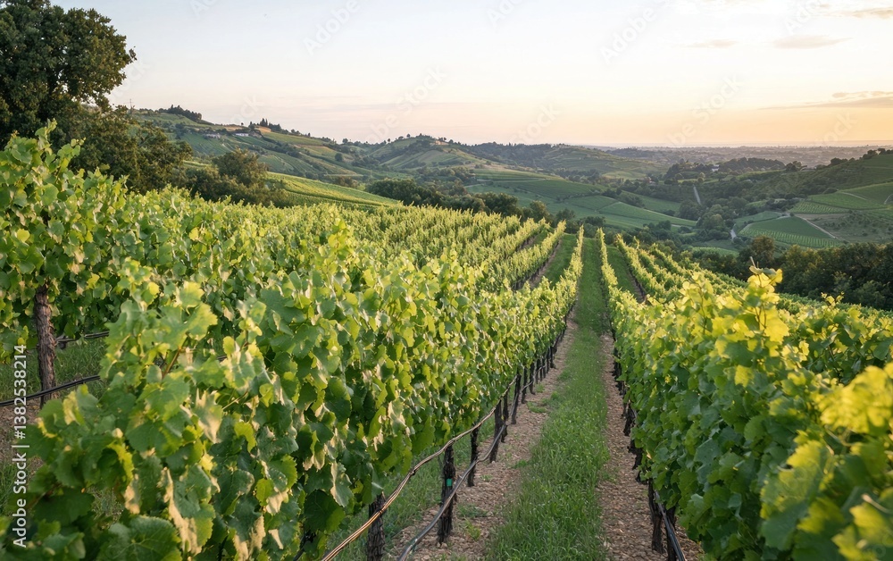Obraz premium Sunset Vineyard Landscape: Rolling Green Hills