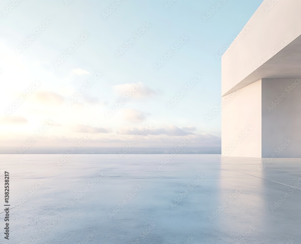 Fototapeta premium 3D rendering of an empty concrete floor with white walls and a sky background