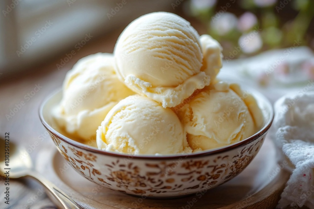 Creamy ice cream in a plate on a wooden table. Homemade ice cream for dessert. Creamy ice cream in a plate on a wooden table. Homemade ice cream for dessert.