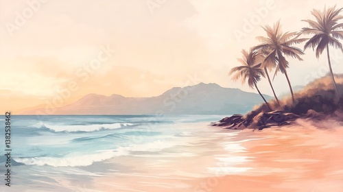 Scenic tropical beach at golden sunset with soft watercolor effect, gentle ocean waves rolling onto warm sandy shore, palm silhouettes in background, pastel color palette, ultra-realistic render