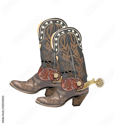Old traditional brown leather cowboy boots with spurs. Wild west realistic hand drawn vector illustration.