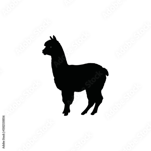 A black and white vector silhouette of an alpaca with a rounded body and textured coat on a white background.