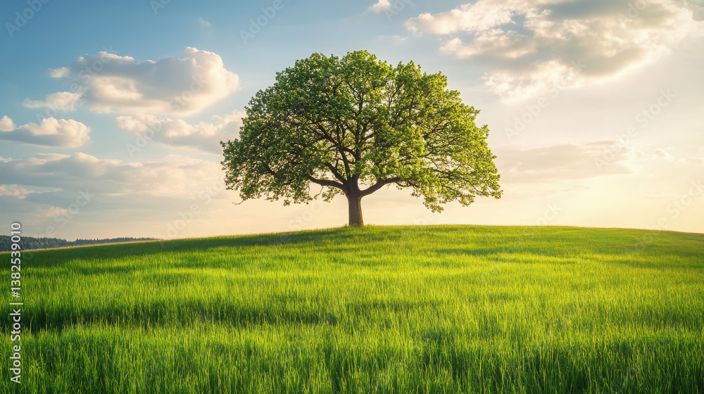 Obraz premium A solitary tree stands majestically on a green hill under a bright sky.