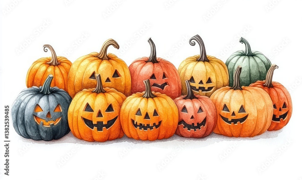 Halloween Pumpkin Group Watercolor Illustration with Carved Faces and Autumn Colors Halloween Pumpkin Group Watercolor Illustration with Carved Faces and Autumn Colors