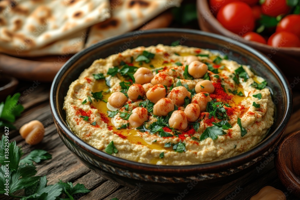 Hummus in a bowl with pita bread, tomatoes, and parsley on a rustic wooden table Hummus in a bowl with pita bread, tomatoes, and parsley on a rustic wooden table