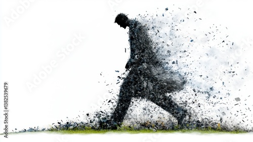 Abstract figure dissolving into particles against a white background with hints of green at the bottom.