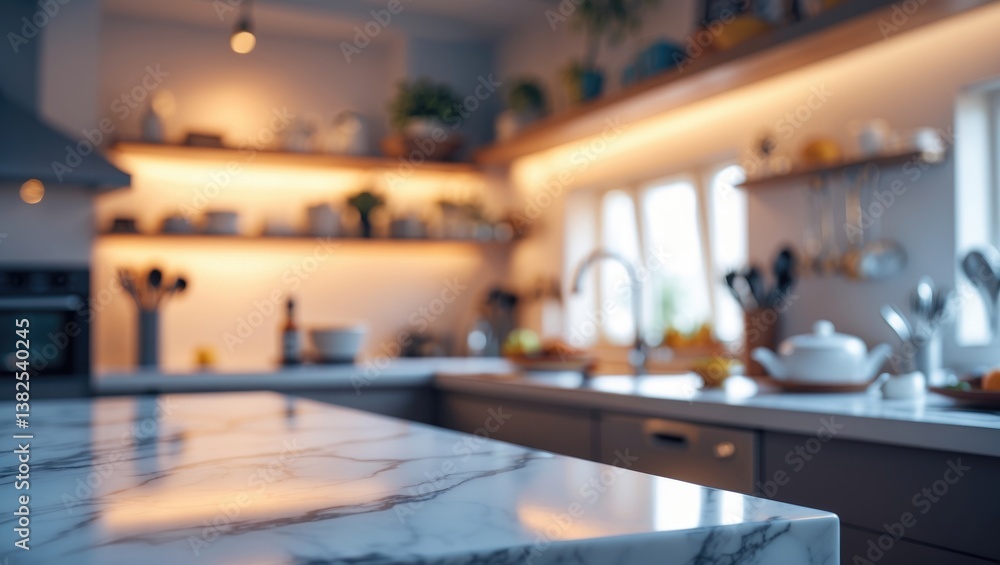 A marble countertop in a bright, contemporary kitchen. The soft focus on the interior background enhances the view, making it perfect for showcasing kitchen-related products or display design. A marble countertop in a bright, contemporary kitchen. The soft focus on the interior background enhances the view, making it perfect for showcasing kitchen-related products or display design.