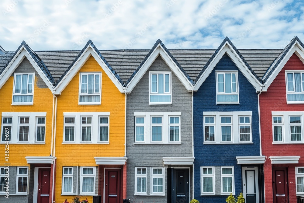 A close-up view of colorful terraced houses with distinct yellow, gray, blue, and red facades, showcasing architectural uniformity with individual character A close-up view of colorful terraced houses with distinct yellow, gray, blue, and red facades, showcasing architectural uniformity with individual character