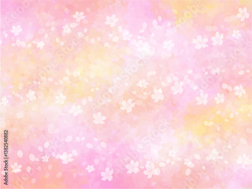 春の桜イメージのテクスチャー背景素材。満開の桜並木とあたたかい日差しと桜吹雪のイメージ。