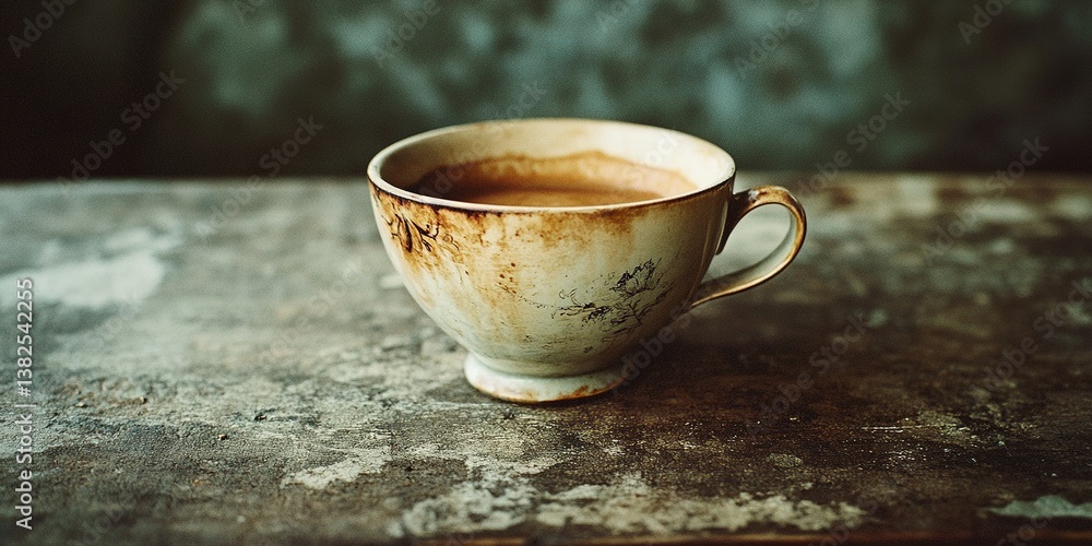 Obraz premium Vintage cup of coffee on rustic table with moody vibe