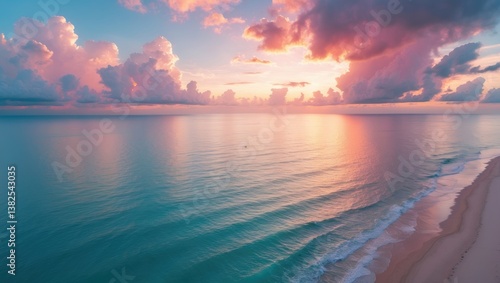 Fototapeta Naklejka Na Ścianę i Meble -  Aerial drone viewpoint of picturesque scenery, featuring a serene blue sea and colorful fluffy pink clouds glowing at sunset in the evening sky, along with a sandy coastline.