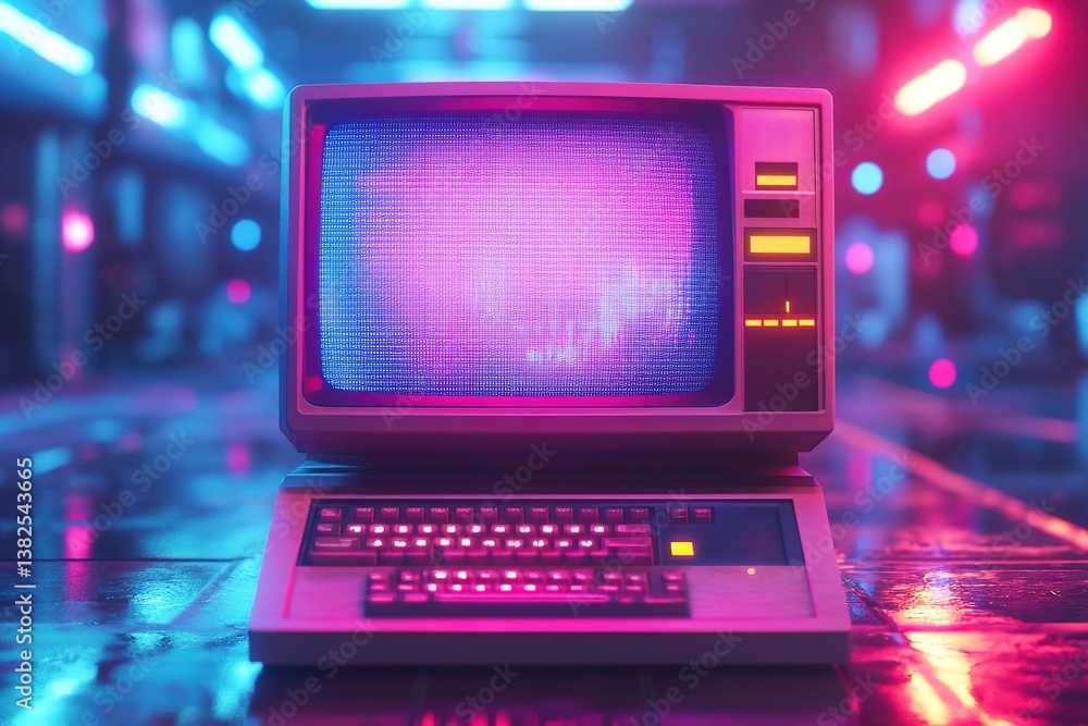 Retro computer in neon-lit urban setting, nostalgic tech Retro computer in neon-lit urban setting, nostalgic tech