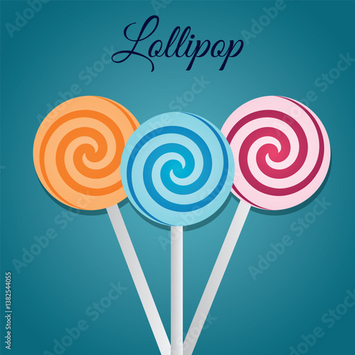 A vibrant vector illustration of three spiral lollipops in orange, blue, and pink. The sweet treats are set against a teal background with stylized typography, evoking a fun and playful mood.