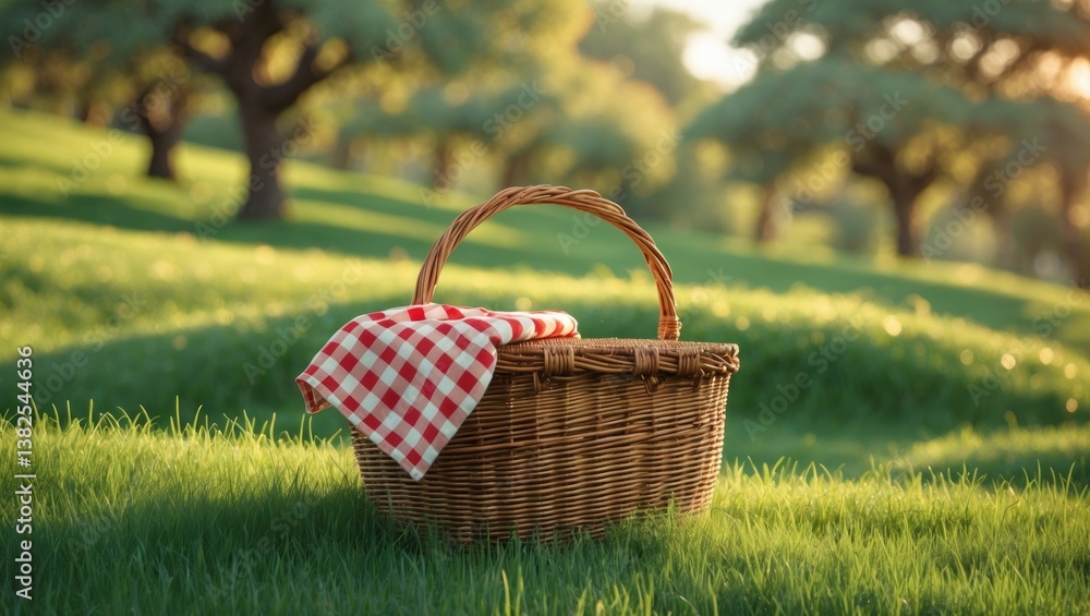 Picnic Basket in Grass Garden Idea for Holiday Weekend in Spring or Summer Vacation Picnic Basket in Grass Garden Idea for Holiday Weekend in Spring or Summer Vacation