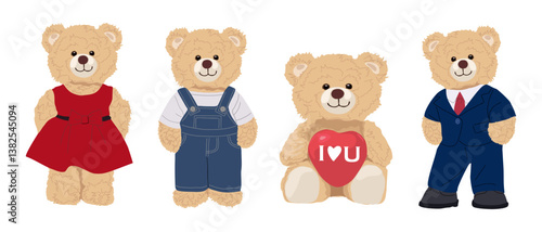 Set of different Cute Teddy Bear characters, boy, girl, baby bear with heart. Adorable children's cartoon toys for birthday, Valentine's Day greeting card, invitation, sticker. Vector illustrations