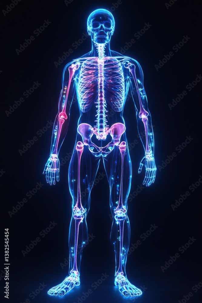 Futuristic Anatomical Illustration of Human Skeletal System with Glowing Neon Lights and Soft Ambient Lighting Futuristic Anatomical Illustration of Human Skeletal System with Glowing Neon Lights and Soft Ambient Lighting