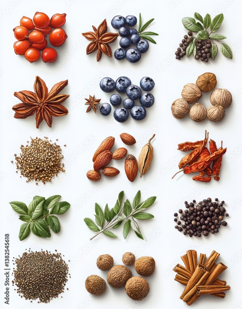 Fototapeta premium Botanical Illustration of Cooking Spices and Herbs on White Background Vintage Style Hand Drawn Collection of Cinnamon Peppercorn Cardamom Clove Caraway for Culinary Use