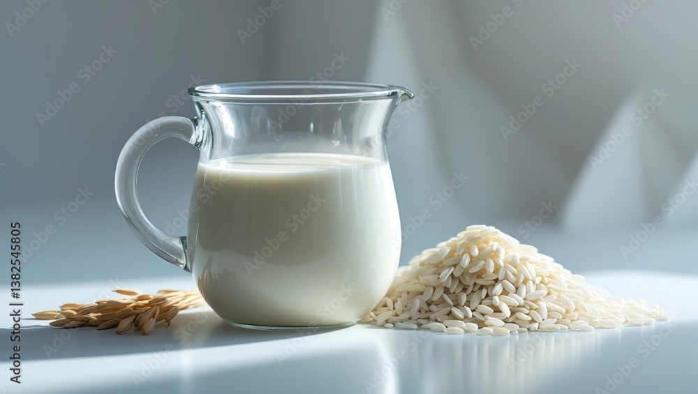 Rice milk in a glass on a white background. Concept of vegan and vegetarian milk. Rice milk in a glass on a white background. Concept of vegan and vegetarian milk.
