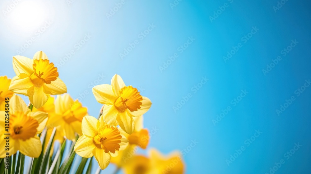 Bright Yellow Daffodils Against Vibrant Blue Sky Spring Background Bright Yellow Daffodils Against Vibrant Blue Sky Spring Background