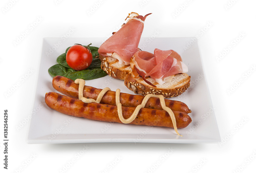 English breakfast with fried egg, sausages and croissant