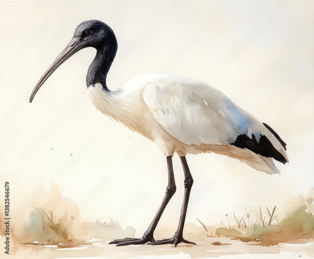Obraz premium Elegant Black and White Ibis Bird Watercolor Painting Minimalist Style Illustration