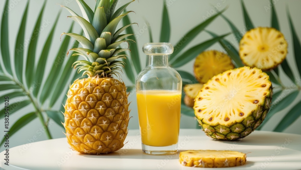 Pineapple juice in a transparent glass and bottle placed on a light-colored table. A halved pineapple and slices are in the background. Palm leaves against a light backdrop. Pineapple juice in a transparent glass and bottle placed on a light-colored table. A halved pineapple and slices are in the background. Palm leaves against a light backdrop.