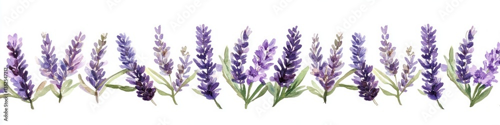 Naklejka premium Lavender Watercolor Seamless Border Illustration with Delicate Floral Details and Soft Pastel Hues on White Background
