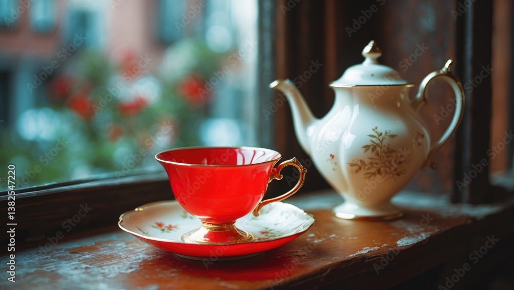 Red tea cup alongside a white teapot on a wooden windowsill with a blurred background. Vintage appearance. Red tea cup alongside a white teapot on a wooden windowsill with a blurred background. Vintage appearance.