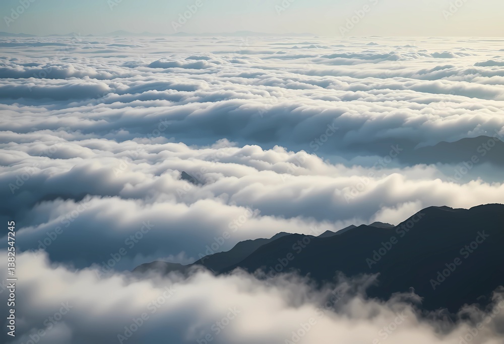 Fototapeta premium Vast layers of soft, white clouds cover rugged mountain peaks, creating a tranquil and serene atmosphere illuminated by subtle morning light.