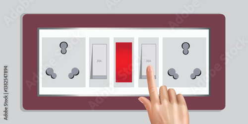Electrical Switchboard with Finger Pointing. The image depicts an electrical switchboard with multiple sockets and switches. The switchboard has a maroon border and a white interior. 