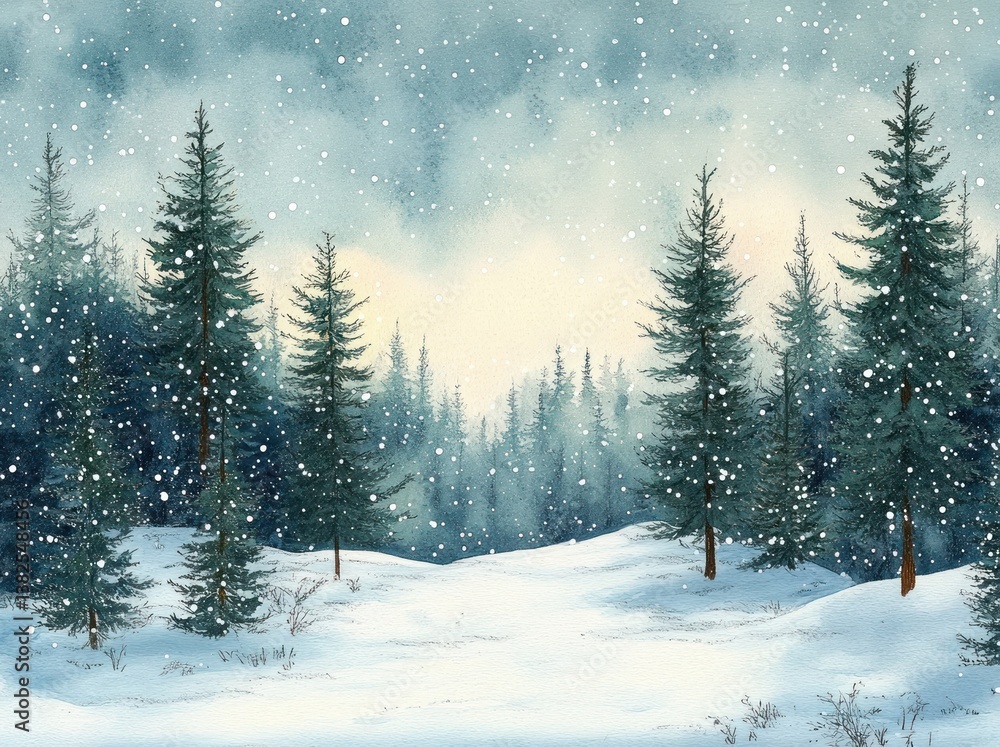 Winter Landscape Scenic View of Coniferous Forest with Snowfall and Pine Trees Winter Landscape Scenic View of Coniferous Forest with Snowfall and Pine Trees