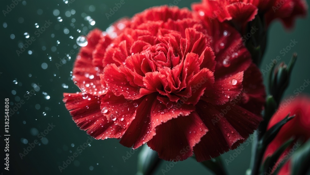 Red carnation flower with droplets of water on a soft-focused background, close-up.