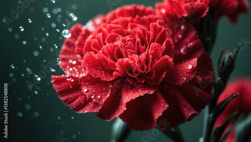 Obraz na płótnie Red carnation flower with droplets of water on a soft-focused background, close-up. w salonie
