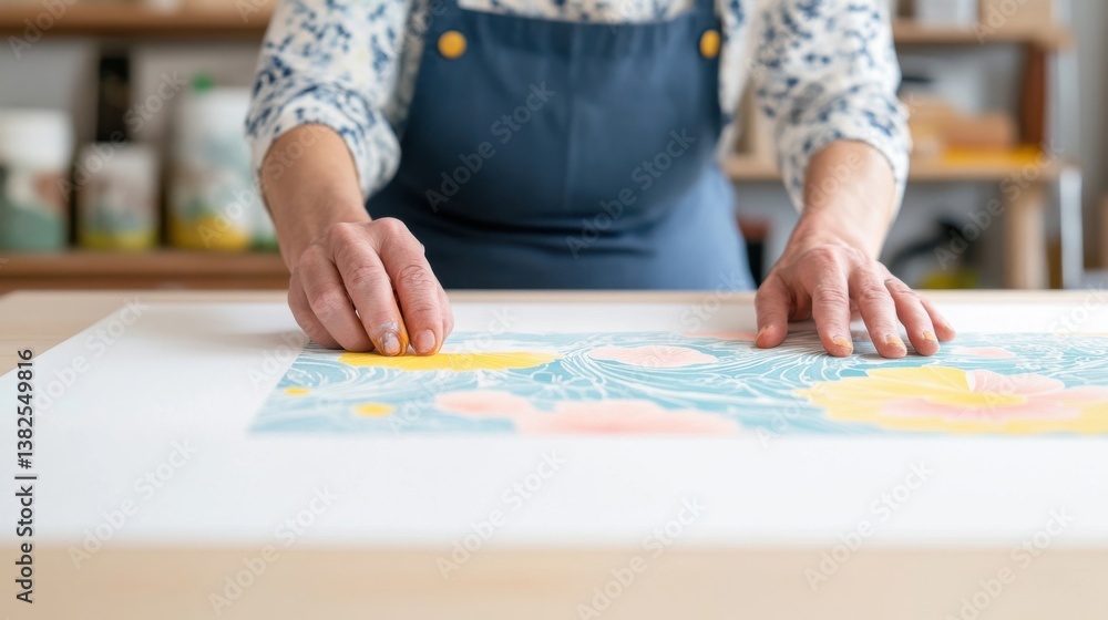 Artist Creating Floral Design on Paper with Careful Attention Artist Creating Floral Design on Paper with Careful Attention