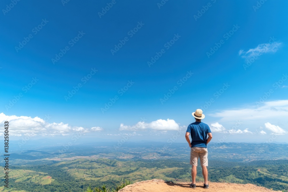 Obraz premium Man Enjoying Scenic View from Mountain Peak Under Clear Blue Sky