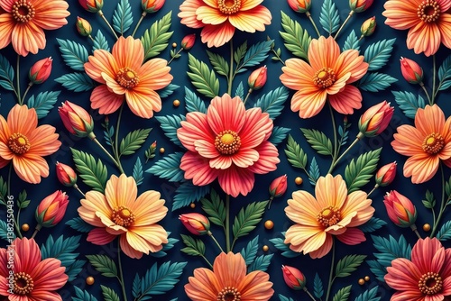 Intricate floral design, repeating seamlessly , blossom, red