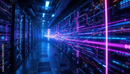 High-tech server room bathed in neon lights showcasing the essence of modern digital infrastructure