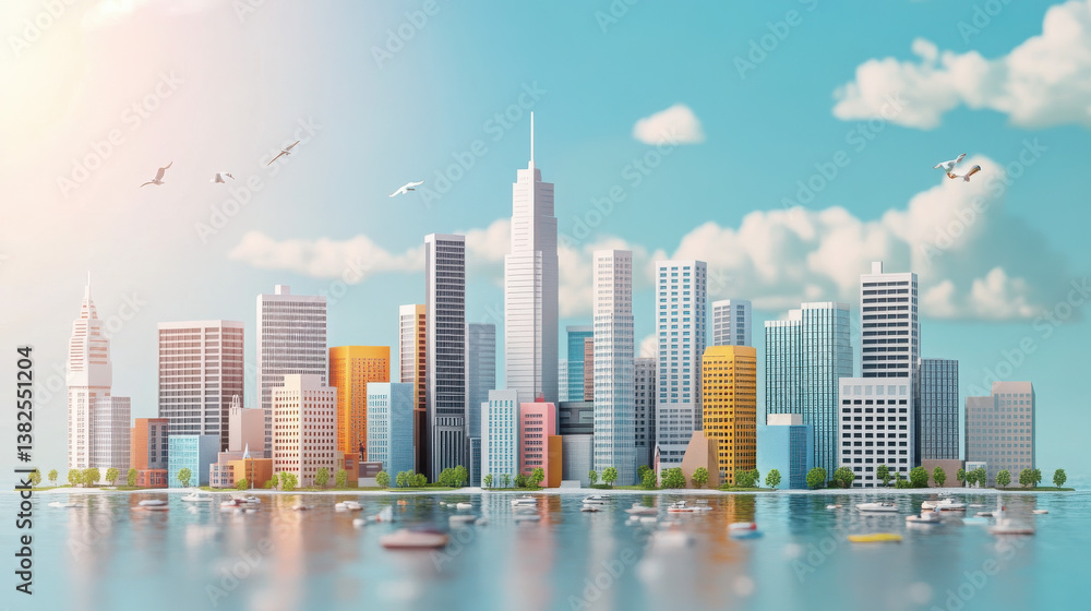 Fototapeta premium A vibrant city skyline with modern buildings and boats on a calm water surface.
