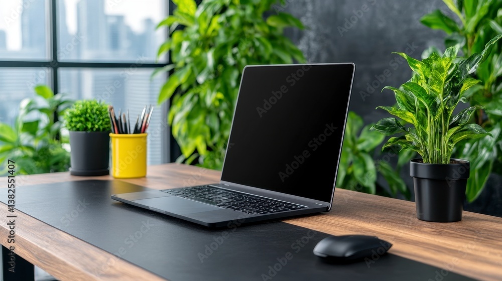 Obraz premium Laptop on a desk surrounded by lush greenery and office supplies. Natural light illuminates the scene.