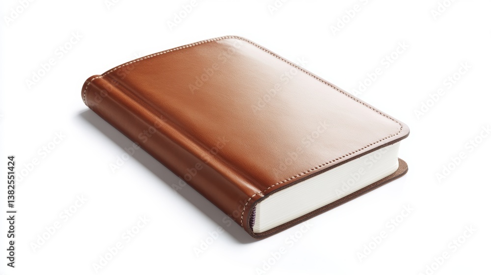 Elegant brown leather-bound journal resting on a white surface with a soft shadow highlighting its texture and craftsmanship, isolated on white background Elegant brown leather-bound journal resting on a white surface with a soft shadow highlighting its texture and craftsmanship, isolated on white background