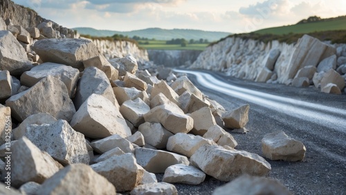 Pile of stones alongside the road in a limestone quarry.
