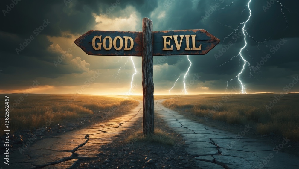 Road sign indicating good versus evil